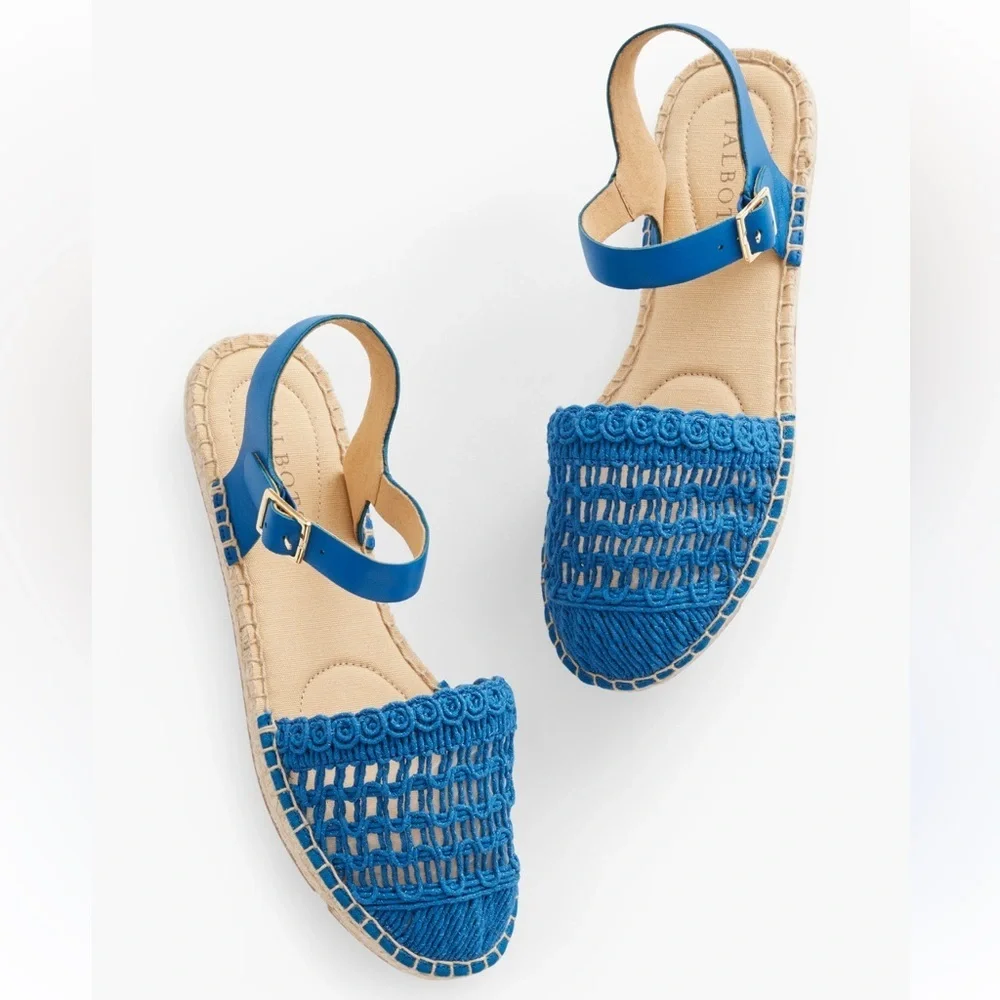 Talbots Blue Crochet Lace Espadrille Jute Flat Sandals Size 7.5 New Without Tags